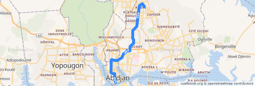 Mapa del recorrido bus 82 : Gare Sud → Angré de la línea  en Abidjan.