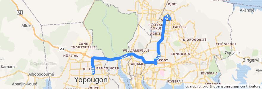 Mapa del recorrido bus 719 : Yopougon Lavage Saint André → Angré Terminus 81-82 de la línea  en Абиджан.