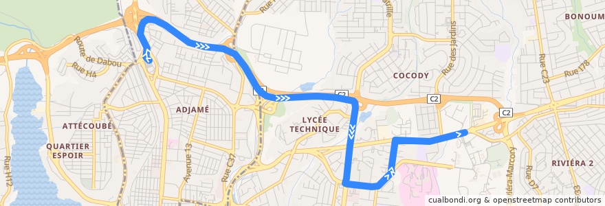 Mapa del recorrido bus 83 : Gare Nord → École de Police de la línea  en Abidjan.