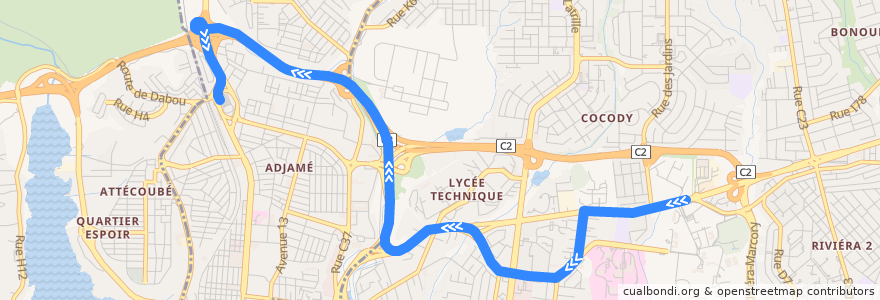 Mapa del recorrido bus 83 : École de Police → Gare Nord de la línea  en Abidjan.