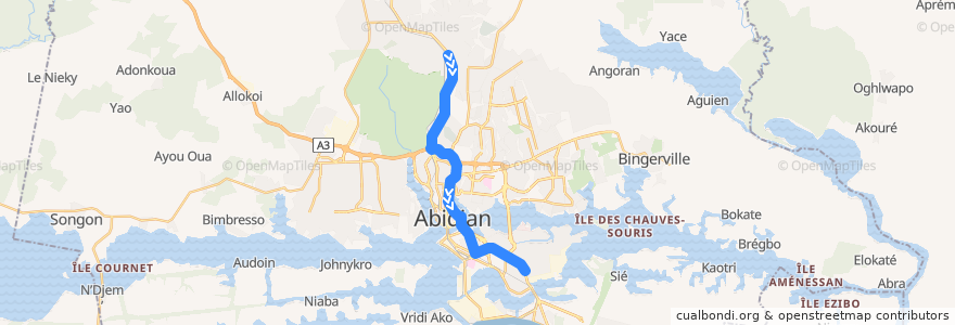 Mapa del recorrido bus 713 : Gendarmerie Abobo → Grand carrefour Koumassi de la línea  en Abidjan.