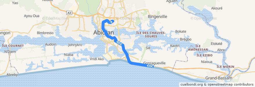 Mapa del recorrido bus 53 : Gonzagueville → Gare Campus de la línea  en Abidjan.