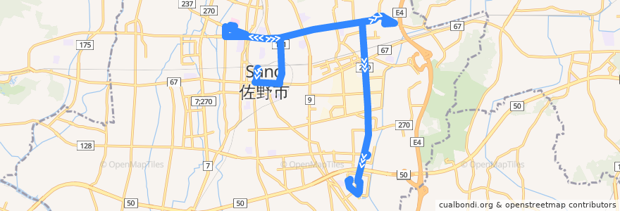 Mapa del recorrido 佐野市さーのって号犬伏線 佐野駅⇒厚生病院・米山市営住宅⇒佐野新都市バスターミナル de la línea  en 佐野市.