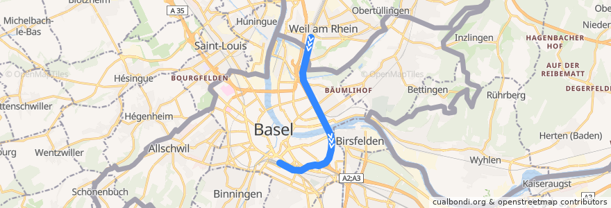 Mapa del recorrido RE/RB: Freiburg (Breisgau) => Basel SBB de la línea  en .