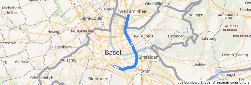 Mapa del recorrido RE/RB: Basel SBB => Freiburg (Breisgau) de la línea  en .