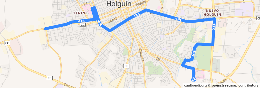 Mapa del recorrido Holguín P1 Hospital Clínico Quirúrgico - Ciudad Jardín de la línea  en Ciudad de Holguín.