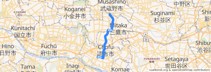 Mapa del recorrido Bus 鷹66 調布駅北口->三鷹駅 de la línea  en 東京都.