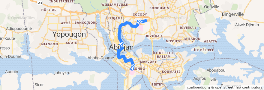 Mapa del recorrido bus 21 : CHU Treichville → Dépôt Cocody de la línea  en Abidjan.