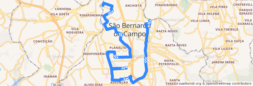 Mapa del recorrido 36: Paço => Jordanópolis de la línea  en São Bernardo do Campo.