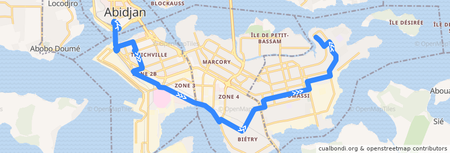 Mapa del recorrido bus 33 : Gare Sud Plateau → Koumassi Akromiambla de la línea  en Abidjan.