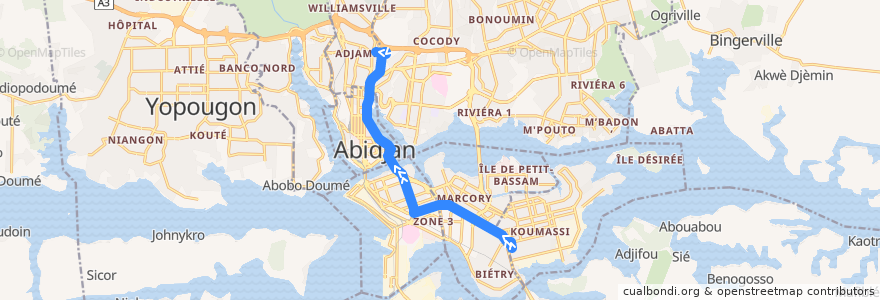 Mapa del recorrido bus 13 : Hôpital de koumassi → Adjamé Liberté de la línea  en Abidjan.