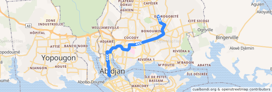 Mapa del recorrido bus 210 : Cocody SCI Les Rosiers → Gare Sud de la línea  en Abidjan.