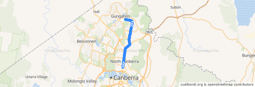 Mapa del recorrido Canberra Metro (Nouthbound) de la línea  en Территория столицы Австралии.