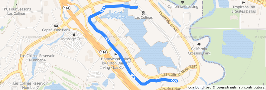 Mapa del recorrido Las Colinas APT: Rose Line (909->600) de la línea  en Irving.