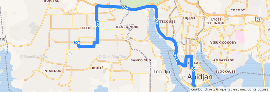 Mapa del recorrido bus 726 : Yopougon Attié - Amondji → Gare Sud de la línea  en Abidjan.