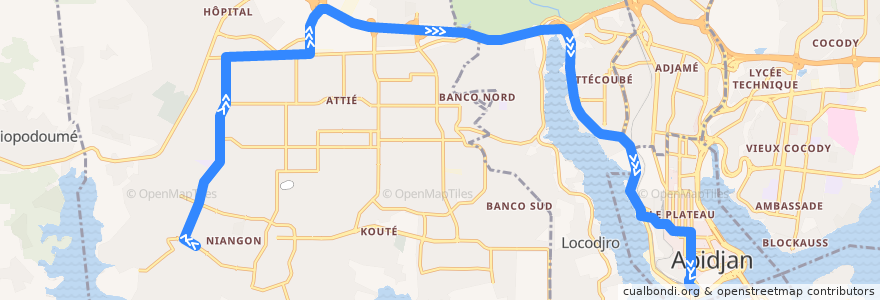 Mapa del recorrido bus 212 : Niangon Sud à droite → Gare Sud de la línea  en 아비장.