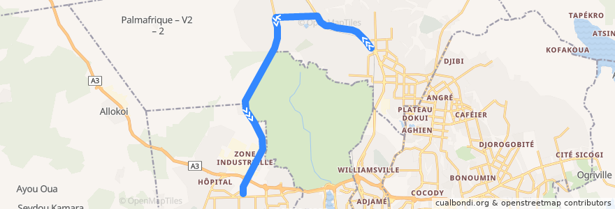 Mapa del recorrido bus 77 : Abobo Gendarmerie → CHU Youpougon de la línea  en Abidjan.