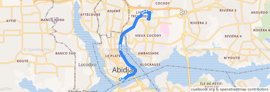 Mapa del recorrido bus 708 : Plateau Gare Sud → La Vie de la línea  en Abidjan.