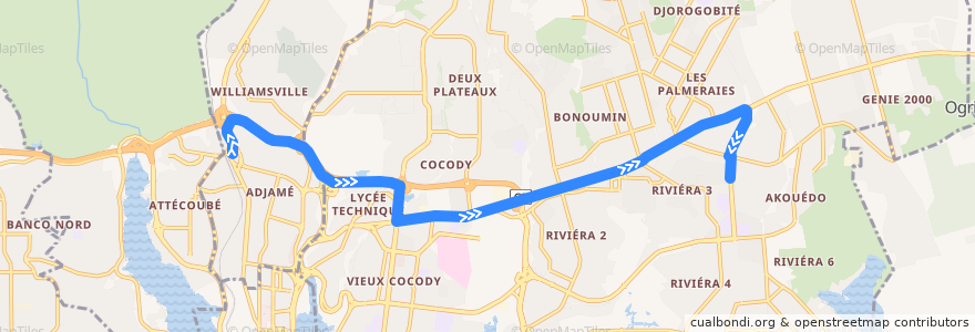 Mapa del recorrido bus 86 : Gare Nord → Nouveau Camp Akouedo de la línea  en Abidjan.