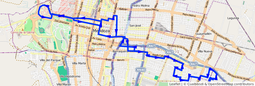 Mapa del recorrido 103 - Bº Quintanilla - Bº Cadore - U.N.C. de la línea G08 en Mendoza.