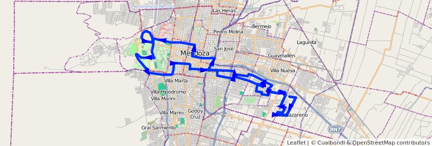 Mapa del recorrido 103 - J. Nazareno - Bº Quintanilla - Bº Cadore - UNC -  de la línea G08 en 门多萨省.