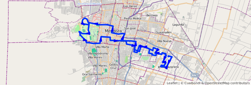 Mapa del recorrido 103 - Jesus Nazareno- UNC- Juan B. Justo- San Cayetano  de la línea G08 en 门多萨省.