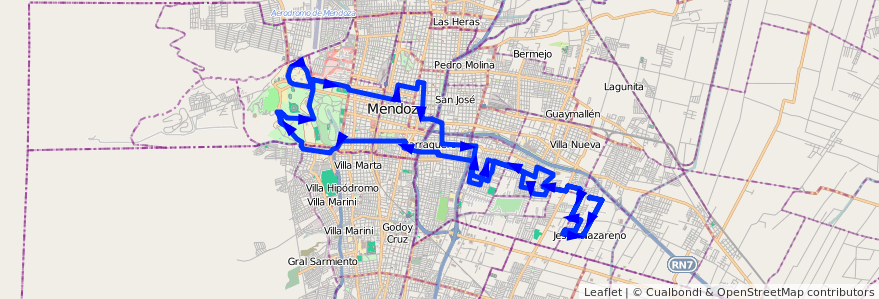 Mapa del recorrido 103 - JESUS NAZARENO - UNC- JULIAN BARRAQUERO- SAN CAYETANO  de la línea G08 en 门多萨省.