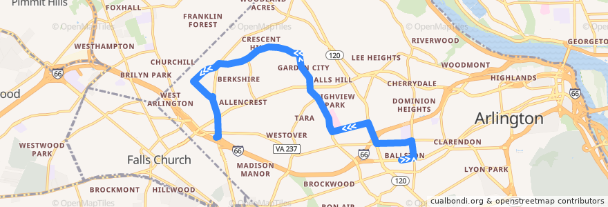 Mapa del recorrido ART 52 Ballston - Virginia Hospital Center - East Falls Church de la línea  en Arlington County.