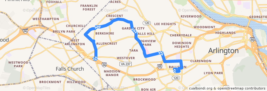 Mapa del recorrido ART 52 East Falls Church - Virginia Hospital Center - Ballston de la línea  en Arlington County.