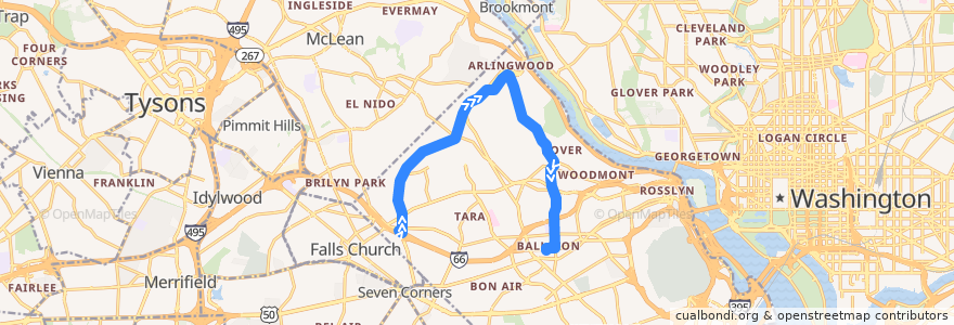 Mapa del recorrido ART 53A East Falls Church - Old Glebe - Ballston de la línea  en Arlington County.
