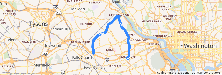 Mapa del recorrido ART 53B Ballston - Old Glebe - East Falls Church de la línea  en Arlington County.