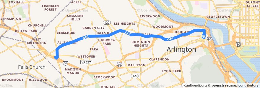 Mapa del recorrido ART 55 Rosslyn - Lee Highway - East Falls Church de la línea  en Arlington.