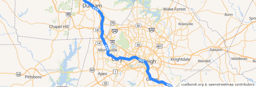 Mapa del recorrido Proposed: Garner-Durham Commuter Rail de la línea  en North Carolina.
