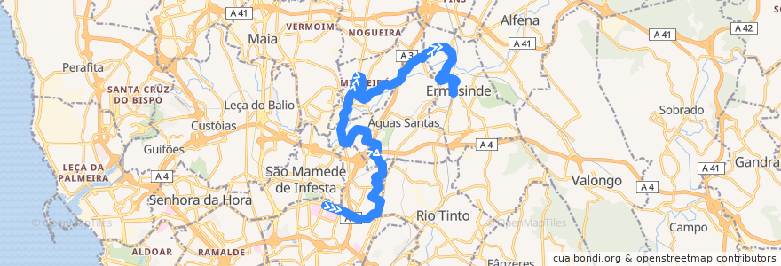 Mapa del recorrido 707: Hospital S. João => Ermesinde de la línea  en Porto.