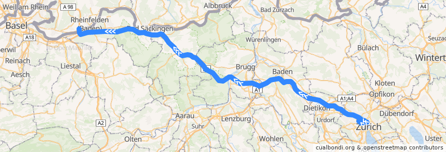 Mapa del recorrido Flixbus 007/033: Zürich HB => Hamburg ZOB de la línea  en Швейцария.