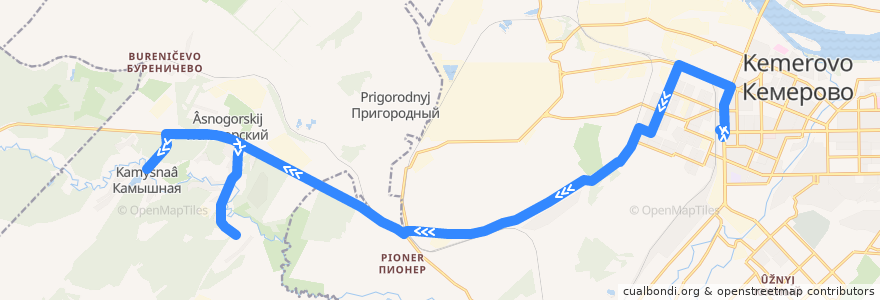 Mapa del recorrido Маршрутное такси № 121т: Ж/Д вокзал — Камышная — Мазурово de la línea  en Kemerovsky Municipal Okrug.