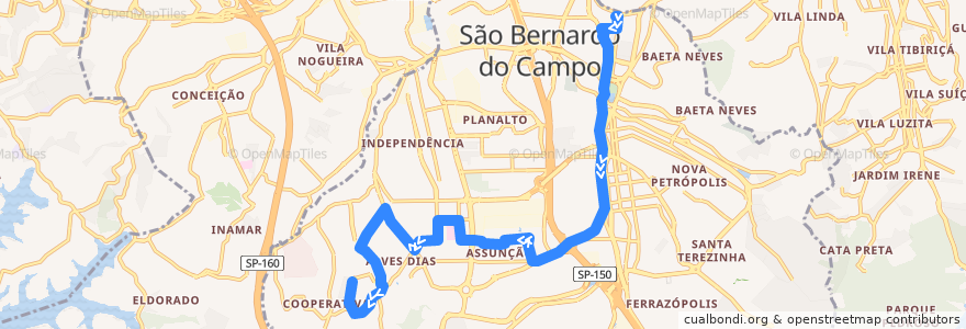 Mapa del recorrido 10: Paço => Vila Ferreira de la línea  en São Bernardo do Campo.