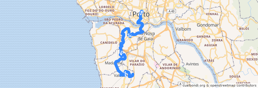 Mapa del recorrido 901: Trindade => Valadares de la línea  en Vila Nova de Gaia.