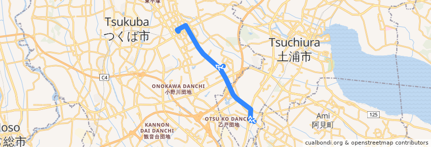 Mapa del recorrido 関東鉄道バス21A系統 荒川沖駅西口⇒学園並木⇒つくばセンター de la línea  en إيباراكي.