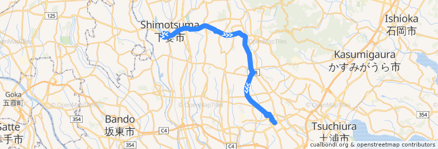 Mapa del recorrido 関鉄パープルバス71系統 下妻駅⇒田中⇒つくばセンター de la línea  en Préfecture d'Ibaraki.