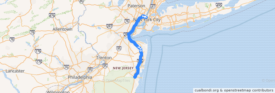 Mapa del recorrido NJTB - 137 - New York to Toms River de la línea  en Nova Jérsei.