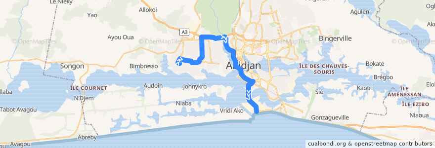 Mapa del recorrido bus 771 : Yopougon Niangon → Vridi Iran de la línea  en Abidjan.