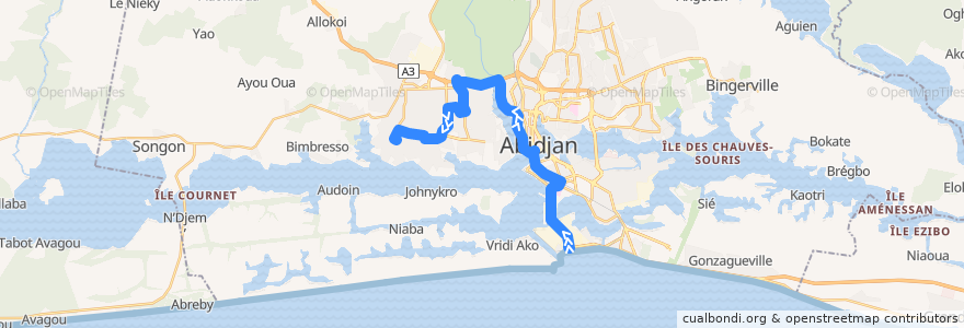 Mapa del recorrido bus 771 : Vridi Iran → Yopougon Niangon de la línea  en Abidjan.