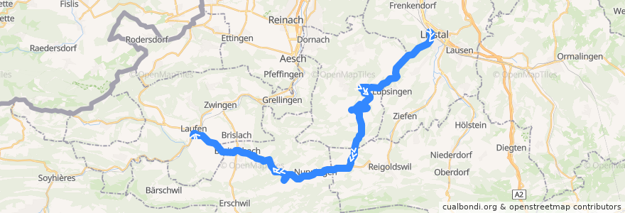 Mapa del recorrido Bus 111: Liestal, Bahnhof => Laufen, Bahnhof de la línea  en スイス.