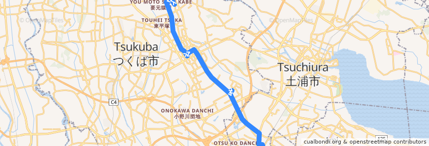 Mapa del recorrido 関東鉄道バス20系統 筑波大学中央⇒つくばセンター・学園並木⇒荒川沖駅西口 de la línea  en Prefectura de Ibaraki.