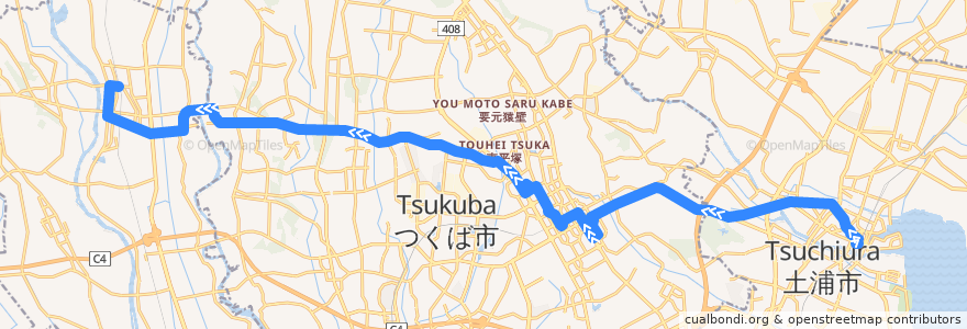 Mapa del recorrido 関鉄パープルバス19系統 土浦駅⇒つくばセンター⇒石下駅 de la línea  en Ibaraki Prefecture.