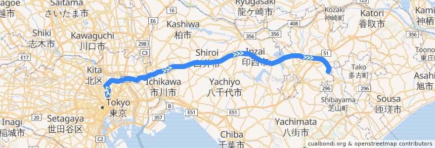 Mapa del recorrido 京成スカイライナー (上り) de la línea  en Japan.