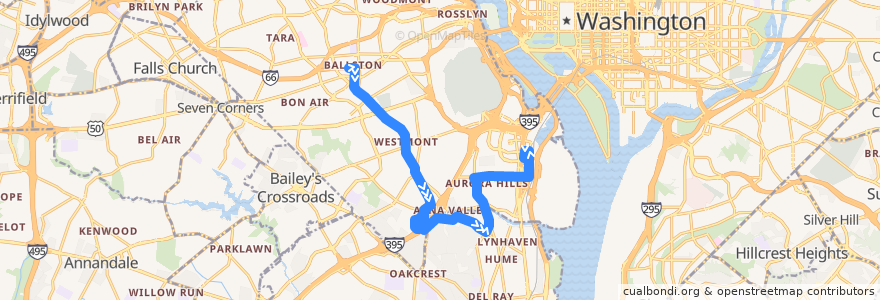 Mapa del recorrido WMATA 23B East McLean-Crystal City Line de la línea  en Virginia.