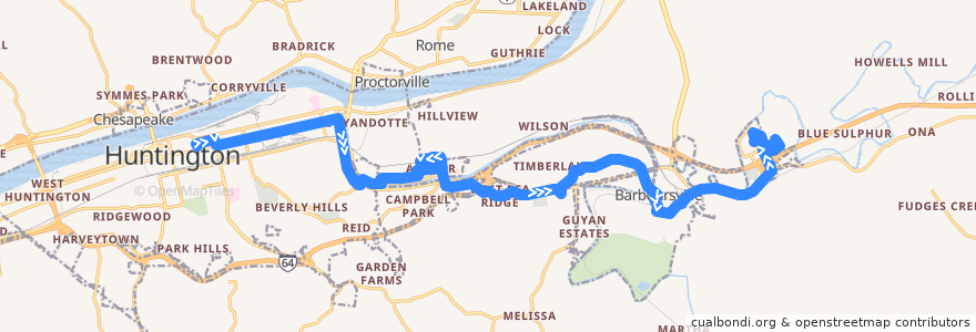 Mapa del recorrido Bus 7: TTA Center -> Altizer -> Barboursville -> Huntington Mall de la línea  en Cabell County.