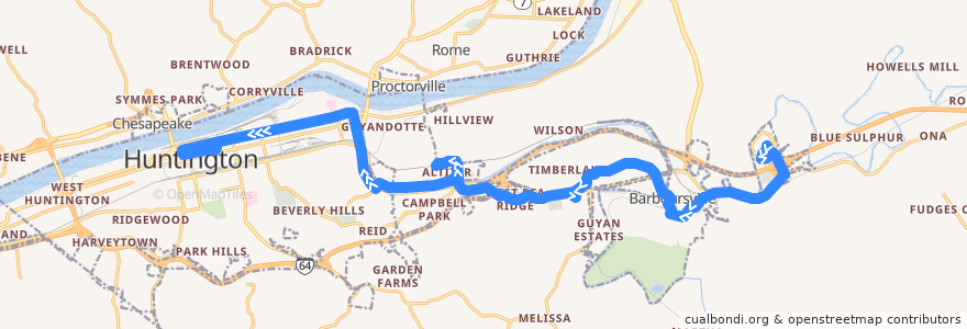 Mapa del recorrido Bus 7: Huntington Mall -> Barboursville -> Altizer -> TTA Center de la línea  en Cabell County.